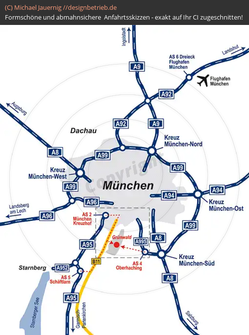 Anfahrtsskizzen erstellen / Anfahrtsskizze München (Übersichtskarte Großraum München)   Büro Rickert GmbH (183)