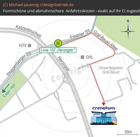 Anfahrtsskizzen erstellen / Anfahrtsskizze Essen   Fußweg ÖPNV bis Ziel | Cornelsen Umwelttechnologie GmbH (662)