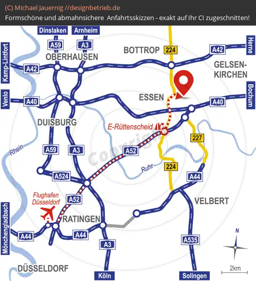 Anfahrtsskizzen erstellen / Anfahrtsskizze Essen Übersichtskarte  Flughafen Düsseldorf bis Essen | Cornelsen Umwelttechnologie GmbH (663)